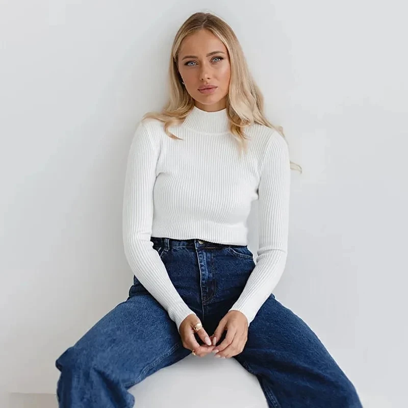 

Solid Color Semi High Neck Sweater 2026 Autumn Winter Women Long Sleeve Top Comfortable Versatile