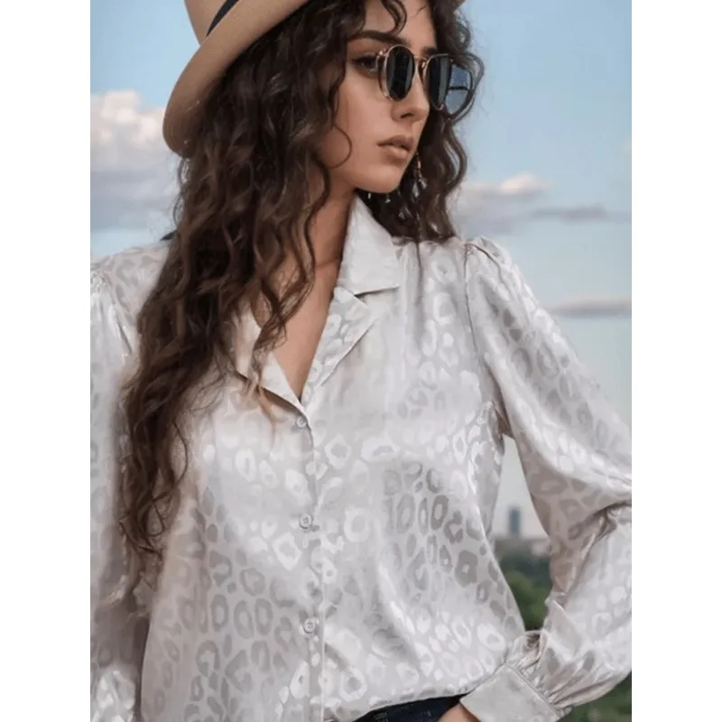 

2025г Новая женская рубашка | Лацкан, леопардовый жаккард, прямая планка на пуговицах, элегантный длинный рукав для поездок на работу