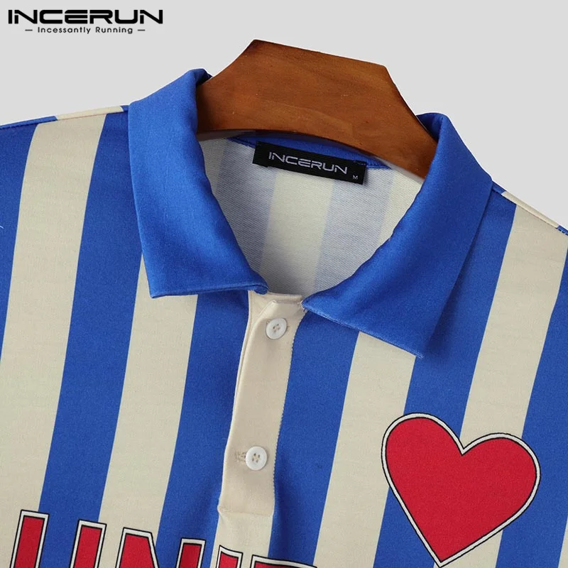 INCERUN 2024 Men Casual Long Sleeve Shirts Printing Sport Style Lapel Tops Stripes Splicing Loose Commuting Colorblock Blouses