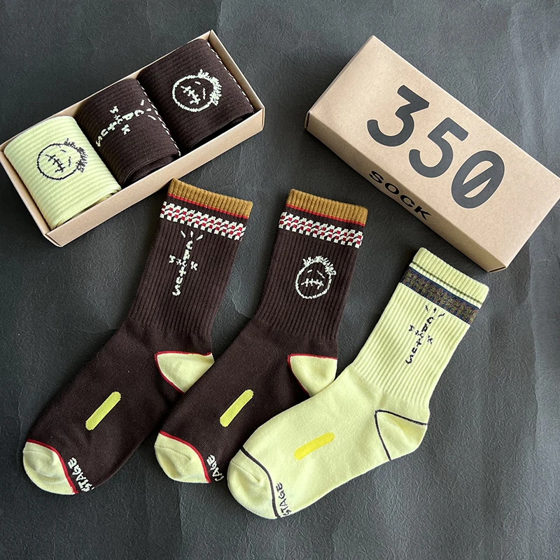 Men\'s Socks 3 Pair/Box Cactus Jack Socks Cotton Sport Hip Hop Basketball Skateboard Brown /Yellow Sockken Wholesale Mens Gift