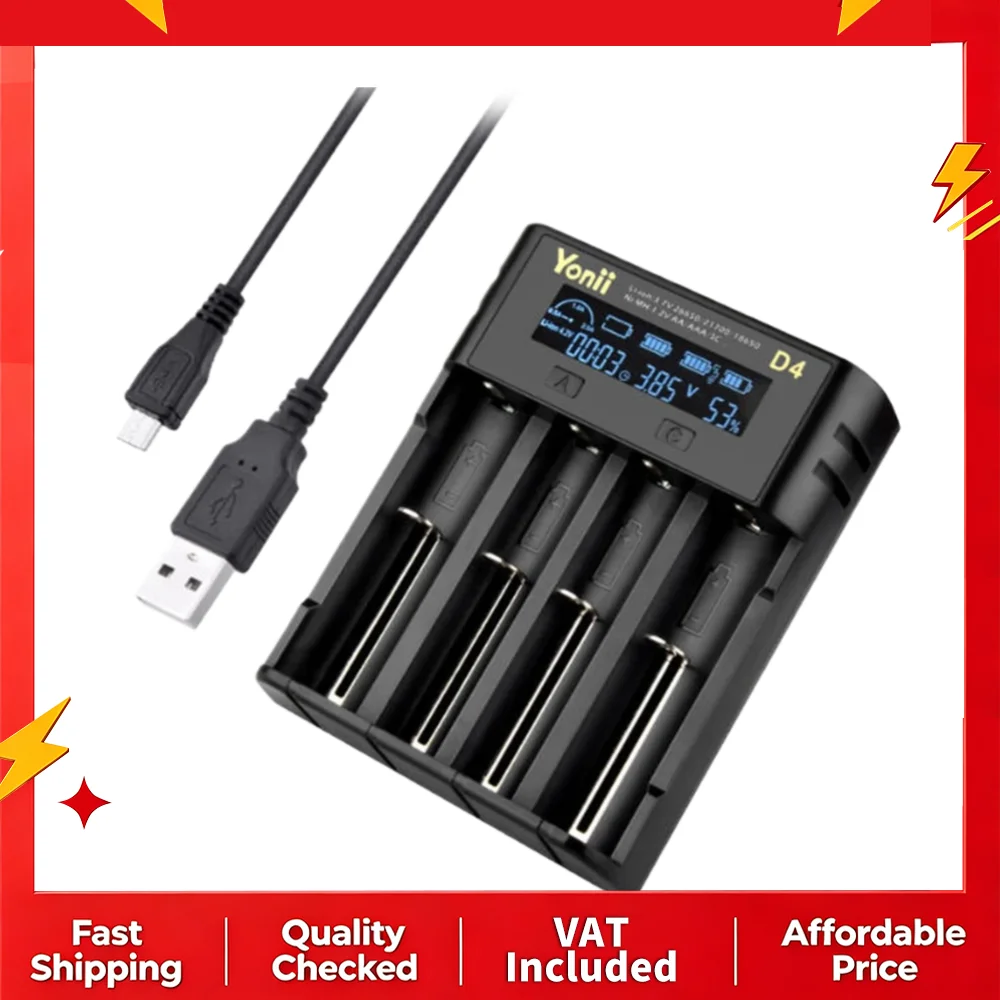 Image of 4-Slot Smart-Akkuladegerät USB Li-Ion Ni-MH 18650 21700 26650