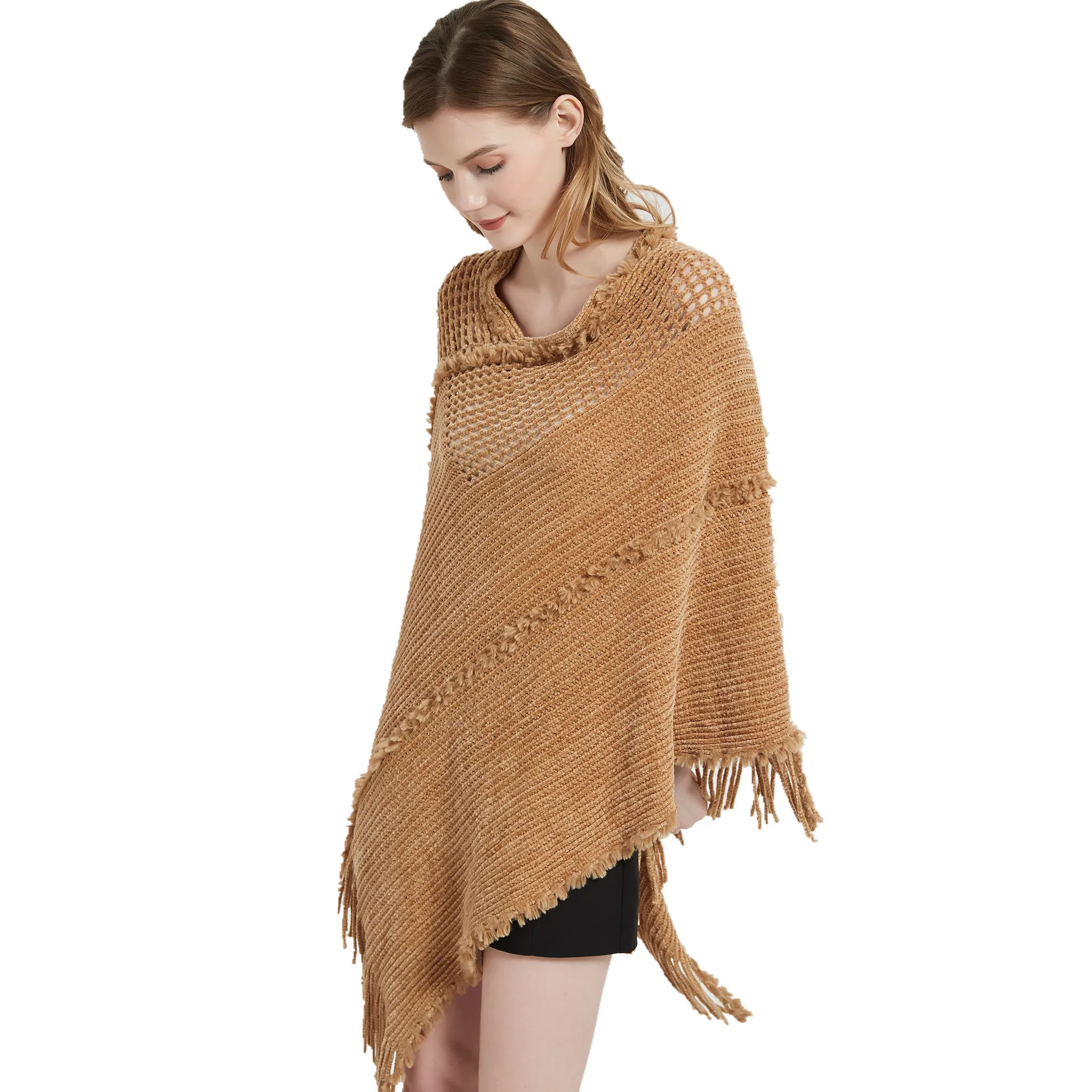 New Women Hollow Knitted Ponchos Fashion Winter Warm Shawls Wraps Ladies Batwing Sleeves Tassel Sweater Brand Female Scarf 2022