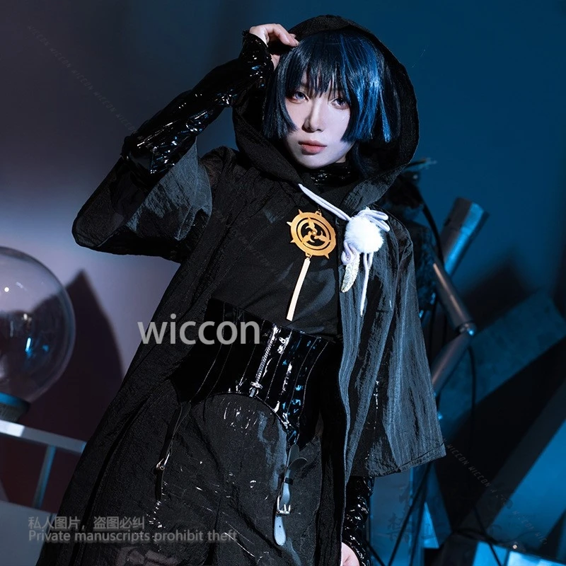 Wanderer Killer Abito nero bello Costume cosplay Set completo di abbigliamento Genshin Impact Pelle PU Parrucca corta da uomo Festa di Halloween