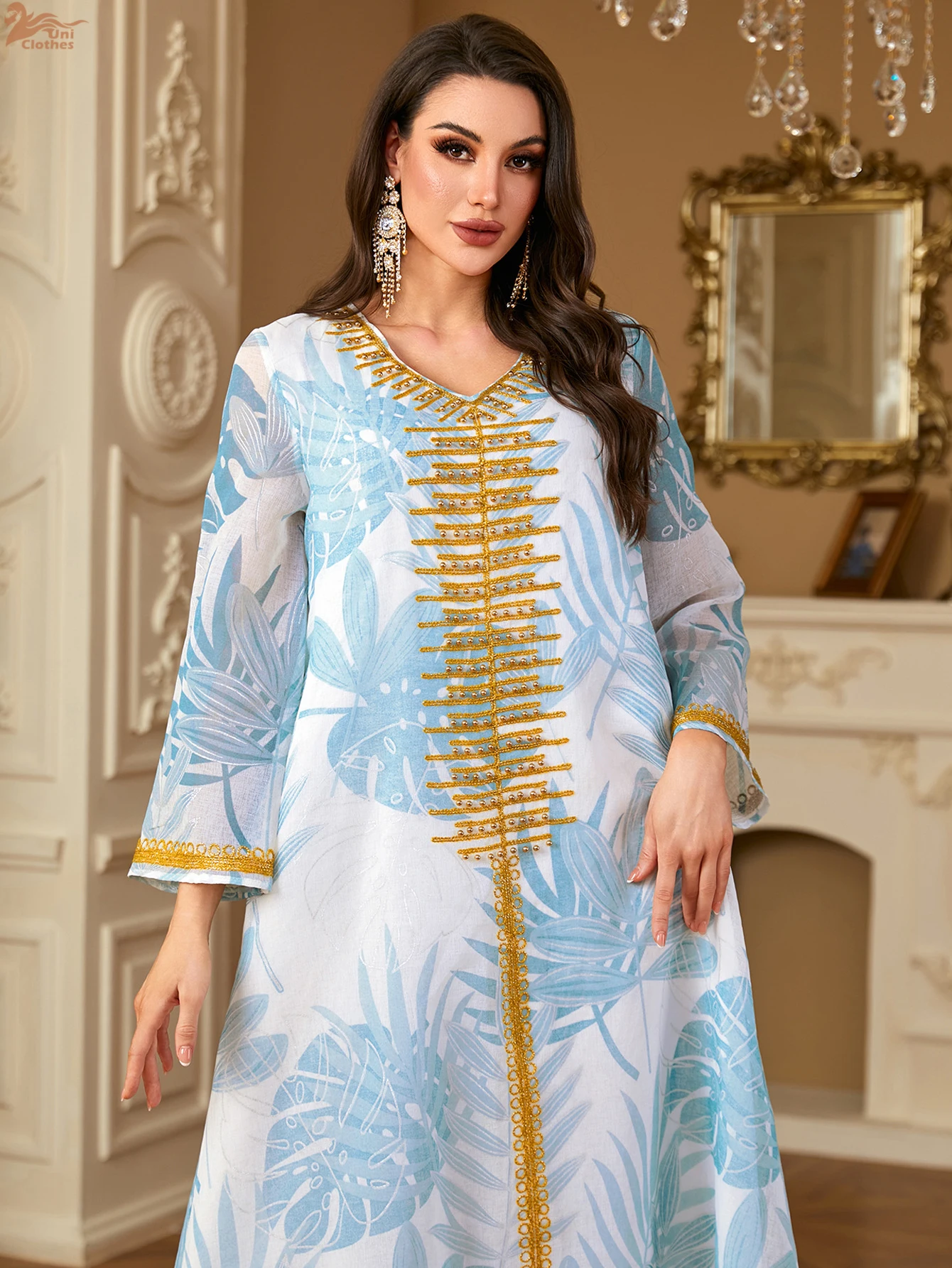 Uni New Dubai Jacquard Maxi Abaya Bordare Caftano Musulmano Abito con maniche a rete Scollo a V 2025