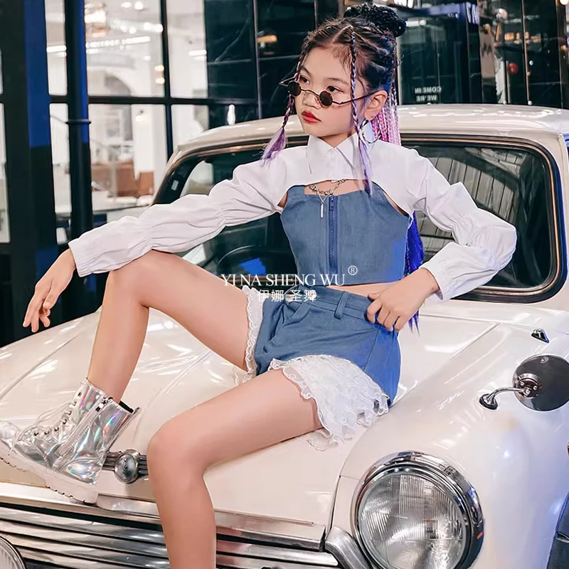 Hip Hop Street Dance Kinderkleding K-pop Podiumoutfits Blauw Wit Mode Cool Jazzdanskleding Meisjes Runway Show Kostuum