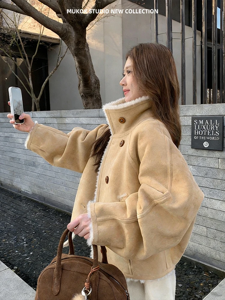 MUKOK Eco-Friendly Thiened Lamb Fur ort Jaet Color Blo Fur Leather Inteated Vintage Sle Women's Outerwear