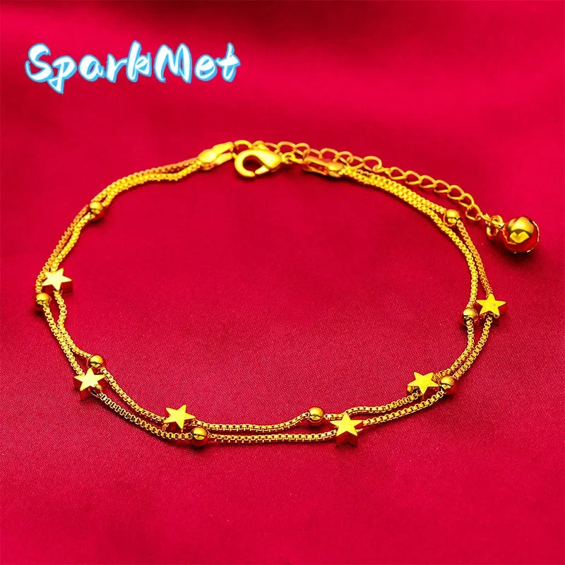 

Браслет на ногу SparkmetStar & Bell для женщин, 24-каратное золото, AU999 | Полированные звездочки и звенящие колокольчики на регулируемой цепочке, игривые и стильные для лета.