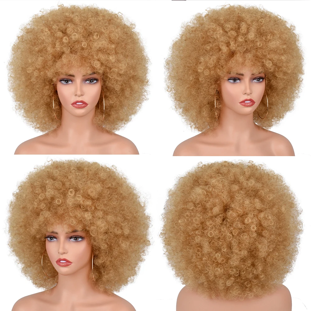 Short Synthetic Afro Wigs For Black Women African Black Pink Fluffy Soft Cosplay Natural Hair Afro Kinky Curly Wig With Bangs