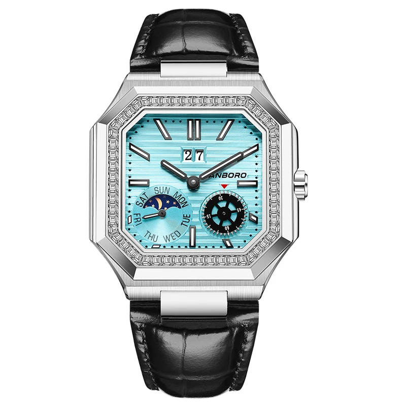 هانبورو ساعة أوتوماتيكية للرجال 38.5 ملم ساعة يد ميكانيكية مربعة 5ATM مقاومة للماء مضيئة الياقوت شنغهاي JHS17 تاريخ الأسبوع #1