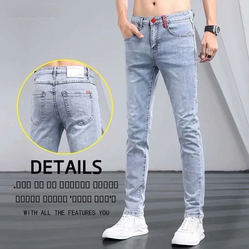 

Светло-голубые мужские джинсы Slim Fit, повседневные прямые брюки, летние тонкие эластичные молодежные модные брюки из ледяного шелка со средней талией на молнии