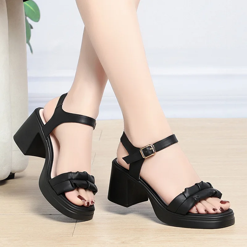 

Elegant Pleated Soft Leather Shoes Women's Platform Sandals Summer 2024 Med Block Heels Sandals For Office Mom Model Comfort