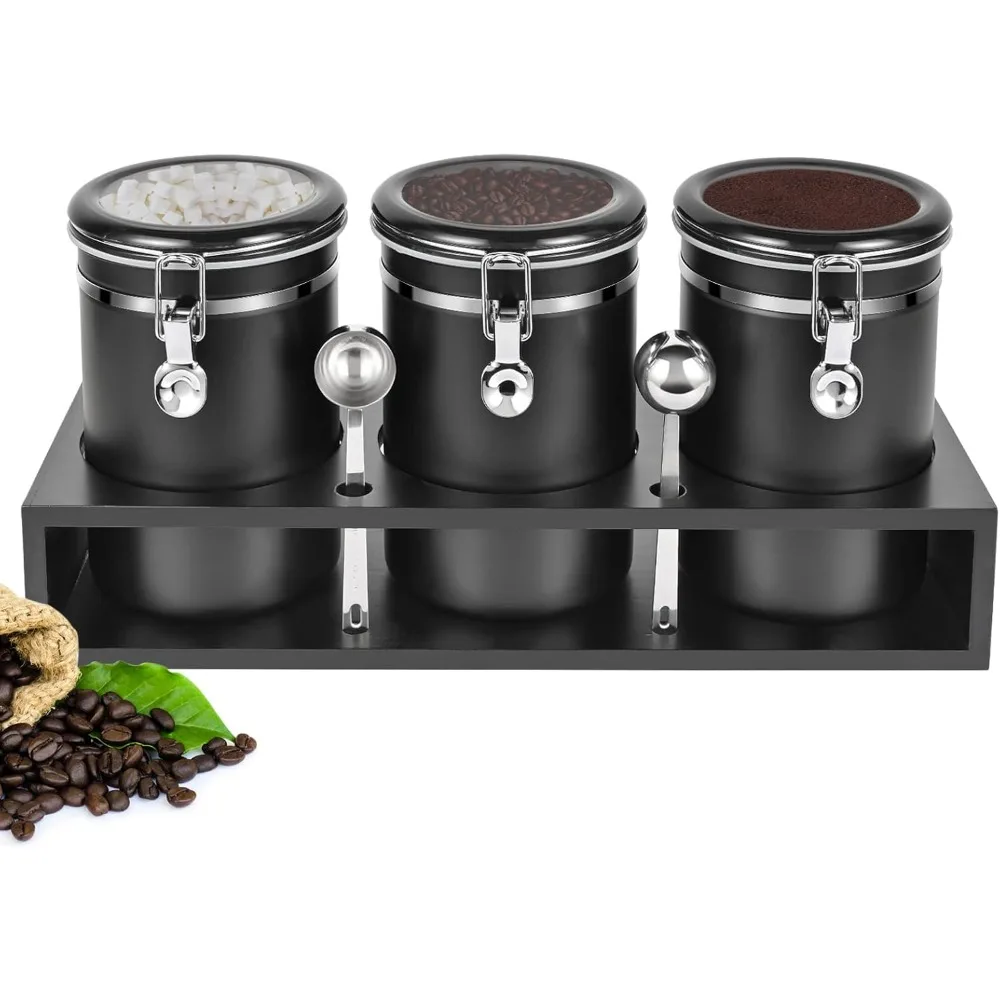 

3x63OZ Stainless Steel Coffee Canisters with Wooden Shelf, Airtight Locking Clamp & Scoop for Kitchen Storage