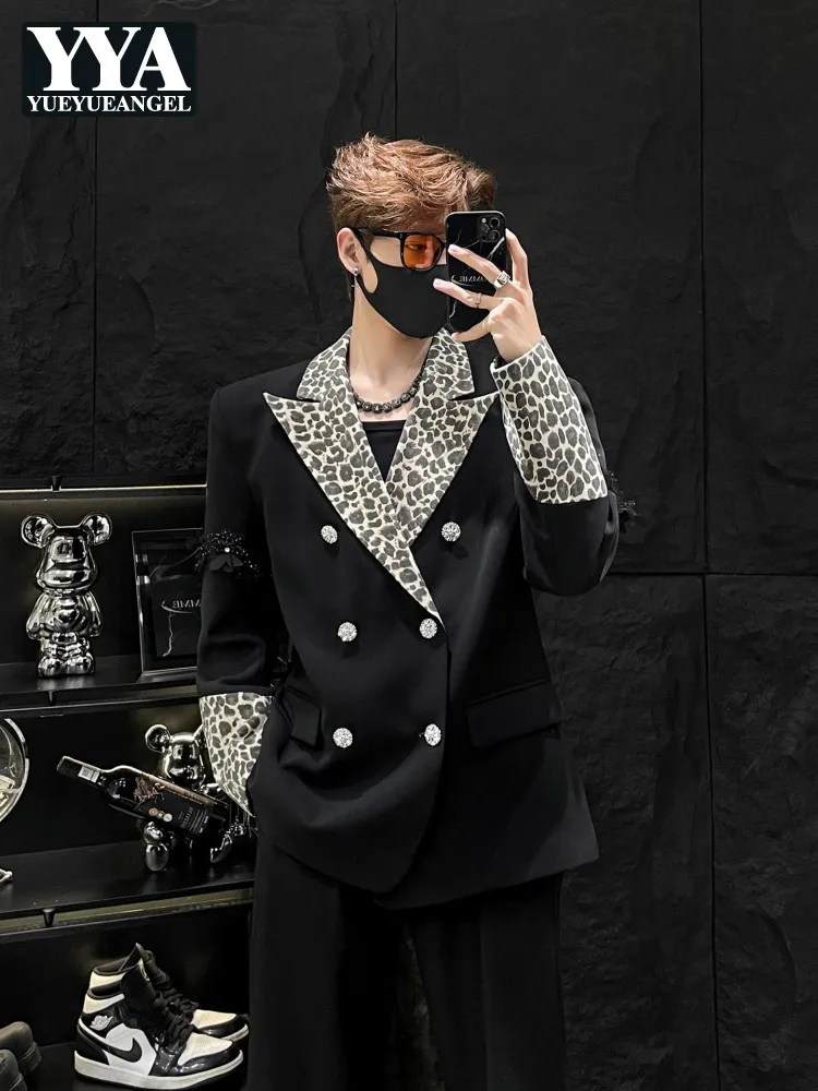 Mens Fashion Double Breasted Leopard Print Patchwork Blazers Contrasting Suit Jacket Male Loose Shoulder Padded Chic Outerwear