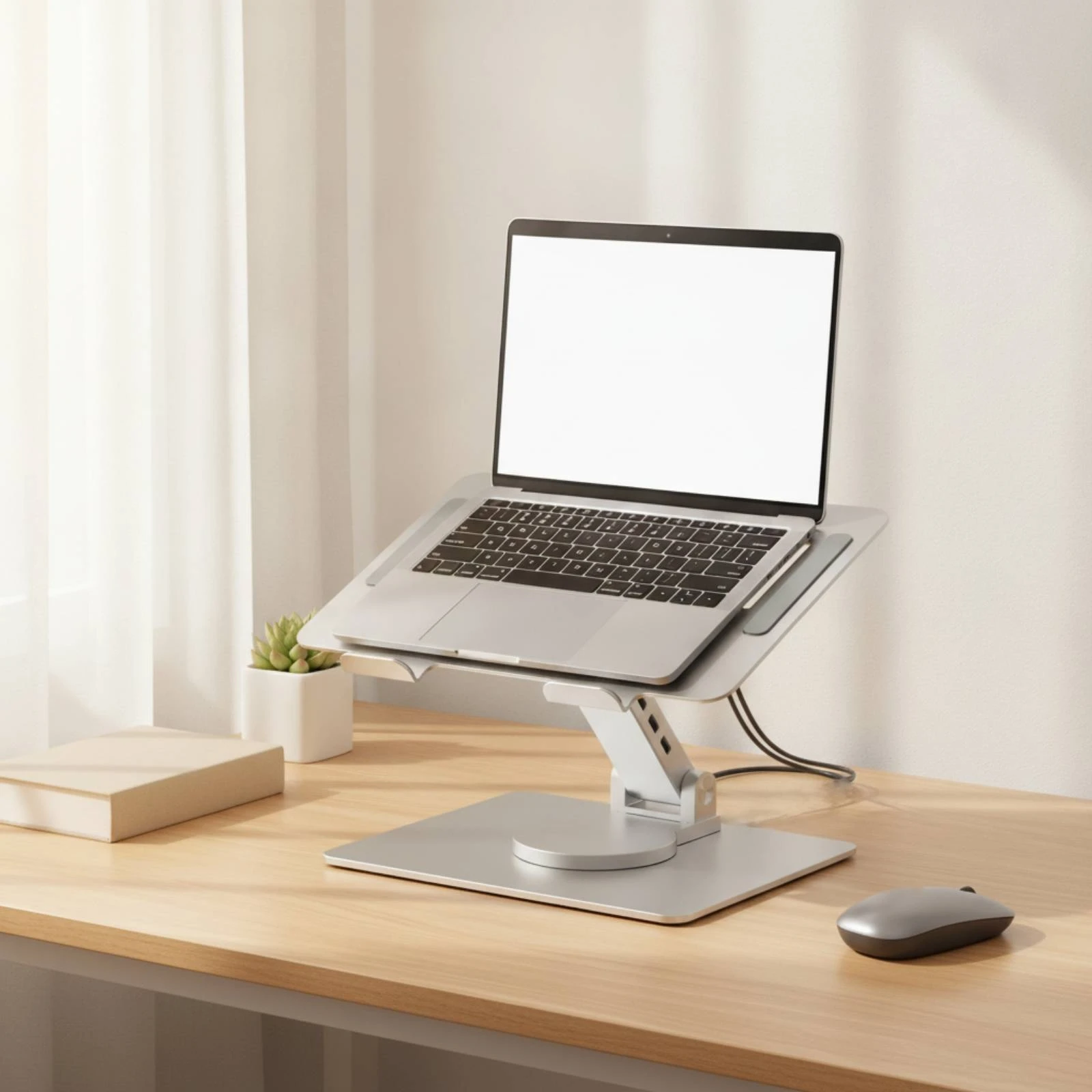 Adjustable Laptop Stand with Rotating Base Foldable Notebook Stand Swivel Riser with Hub Plug and Play Ports for Study Desk