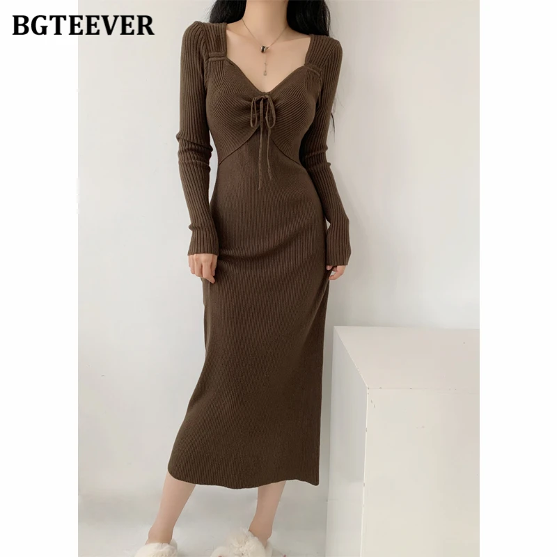 

BGTEEVER Elegant V-neck Lace-up Long Sleeve Women Knitted Package Hip Dress Autumn Winter Slim Female Bodycon Sweater Dress