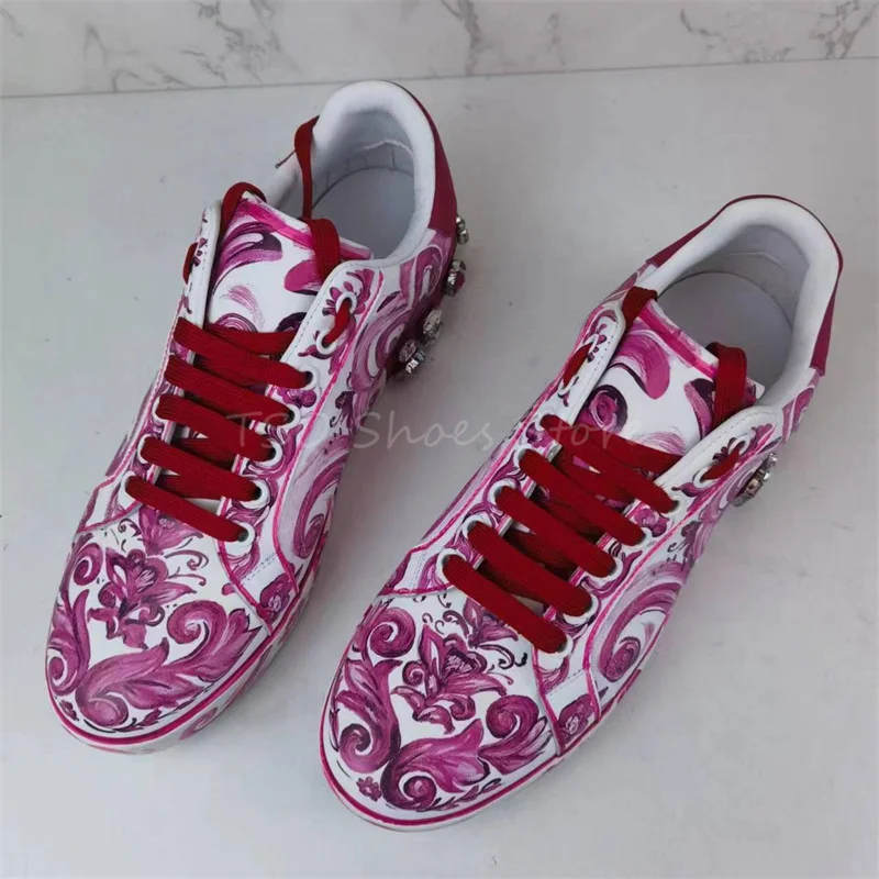 Rhinestone Decor Thick Sole Casual Sports Shoes for Women Men Couples Blue and White Porcelain Print Shoes Size 35-46 Quality