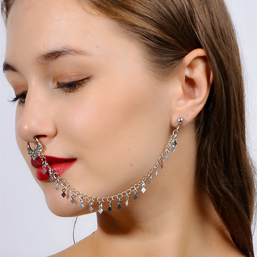 2 Piezas Cadena de Nariz y Oreja con Borlas de Rombo Estilo Punk, Pendientes de Clip para Nariz, Joyería de Piercing Corporal para Boda, Fiesta, Baile de Graduación, Halloween, Plata