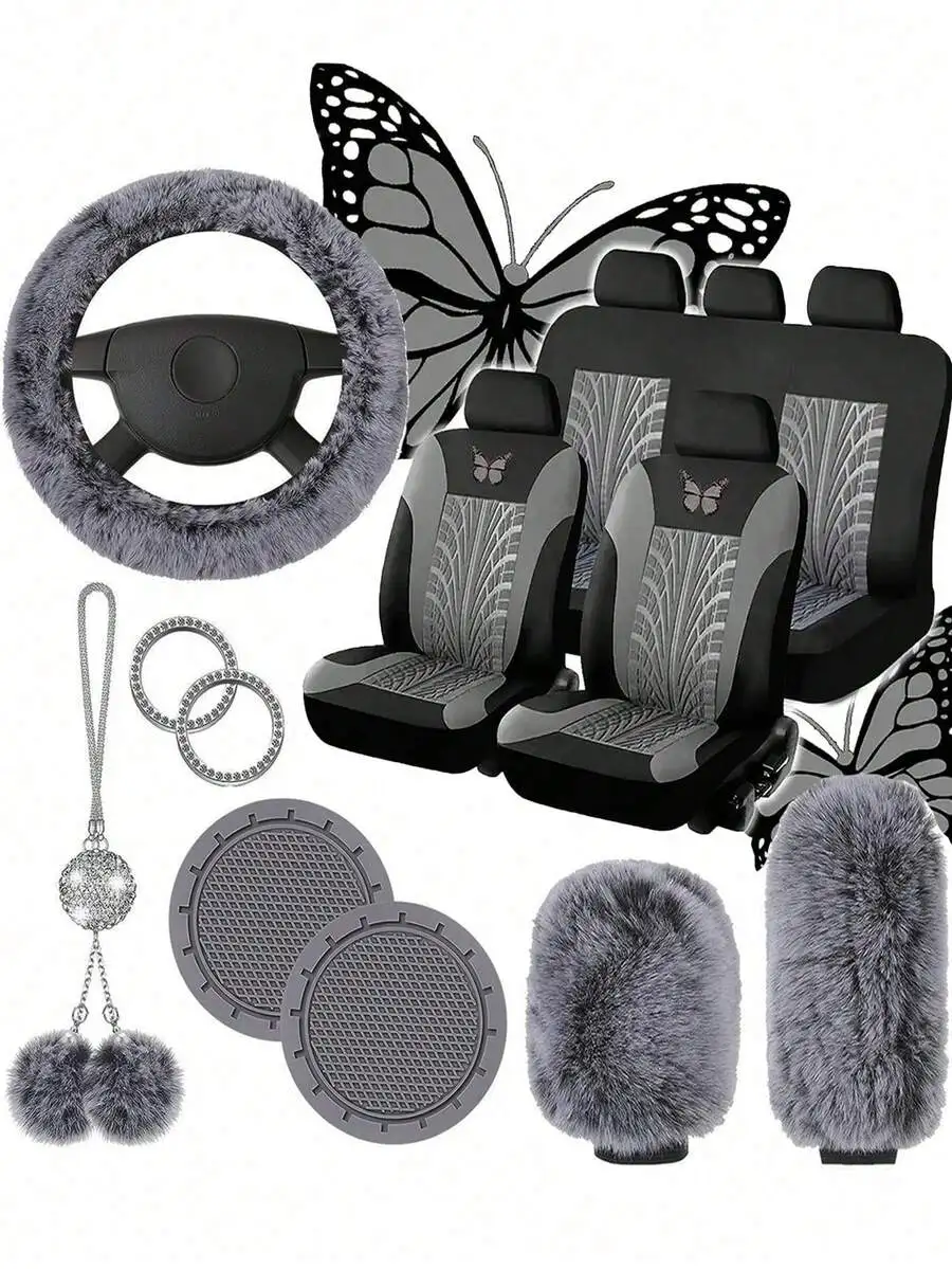 

Butterfly Design Car Seat Covers Set With Plush Steering Wheel Gear Shift Handbrake Covers And Rhinestone Hanging Decor
