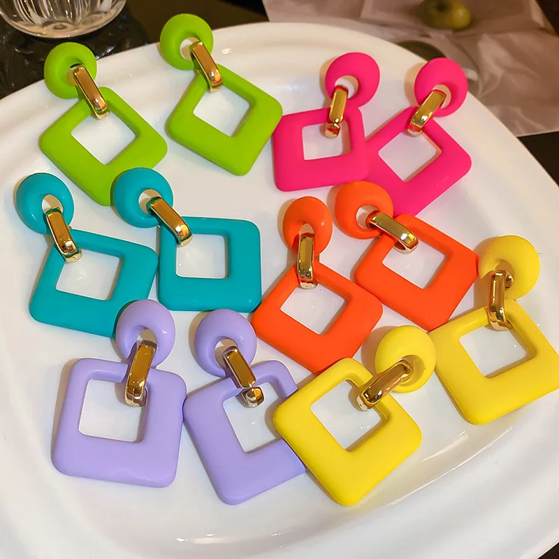 DREJEW Rose Red Yellow Green Fluorescent Color Square Earrings for Womens New Candy Color Geometric Drop Earing Trendy Jewelry