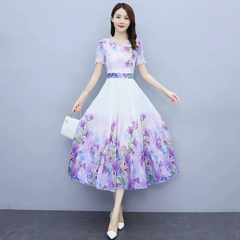 Green Big Swing Chiffon Dress Women\'s Summer Dress 2023 Fashion Long Slim Floral Dresses Print Short Sleeve A-Line Dress Elegant