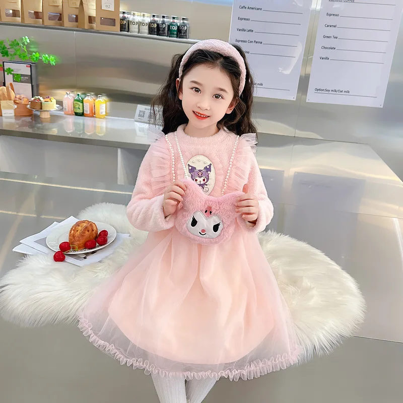 Sanrios Kuromi Autumn Winter New Cartoon Dress Kawaii Cute Leisure Versatile Lolita Western Style Princess Dress Girls Gifts