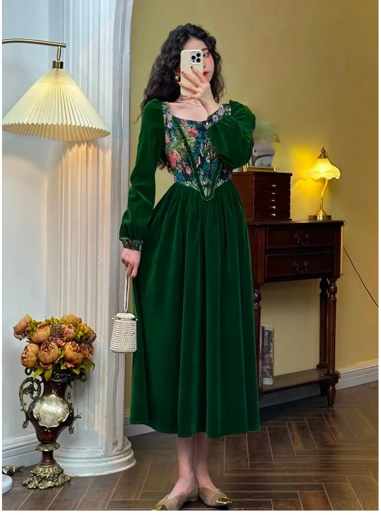 

2023 Spring Fall Women Vintage Floral Patchwork Pleated Ruffled Green Velvet Dress , Woman Slim High Waisted Velour Dresses