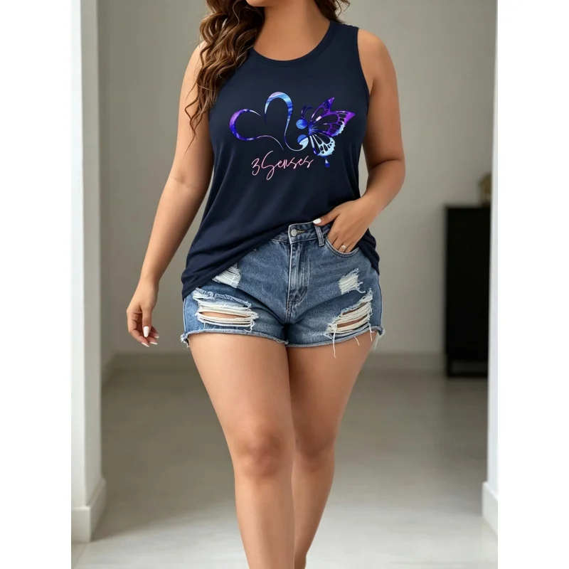 Butterfly Print Large-Sized Fashionable Round-Neck Pullover for Summer, Women's Sports Sleeveless Pullover image 2