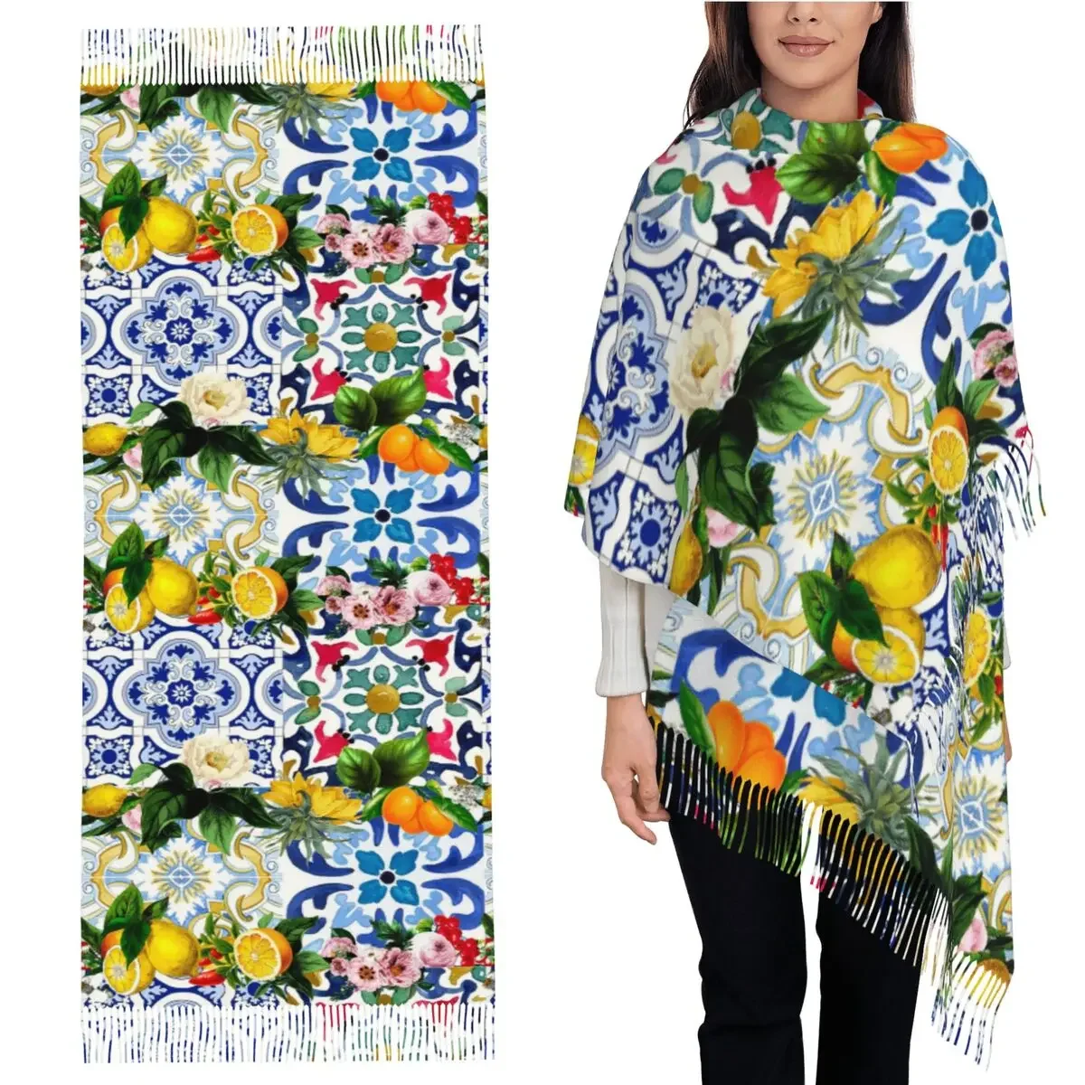 

Сицилийская плитка, среднеземноморье, мозаика, лимоны, шарф, шарфы с кисточками для женщин, шали и накидки, большая осенне-зимняя шаль