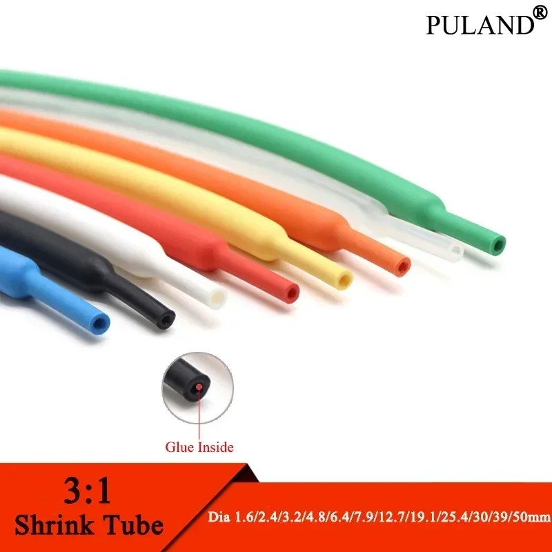 1/3/5/10/25M 3:1 Heat Shrink Tube dia 1.6/2.4/3.2/4.8/6.4/7.9/9.5/12.7/15.4/19.1/25.4/30/39/50mm With Glue Double Wall Tube