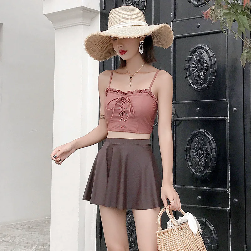 Women's 2 Piece Set Dusty Pink Ruffle Spaghetti Strap Lace Up Top Dark Brown Flared Skort Summer Beach Bathing Suit Swimwear