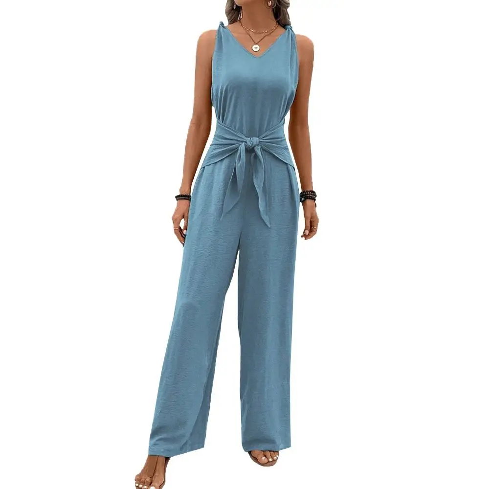

Mia Muse Select Jumpsuits Summer Casual Plain Sleeveless Jumpsuits For Women V-Neck Lace-Up Full Length Wide Leg Office Lady