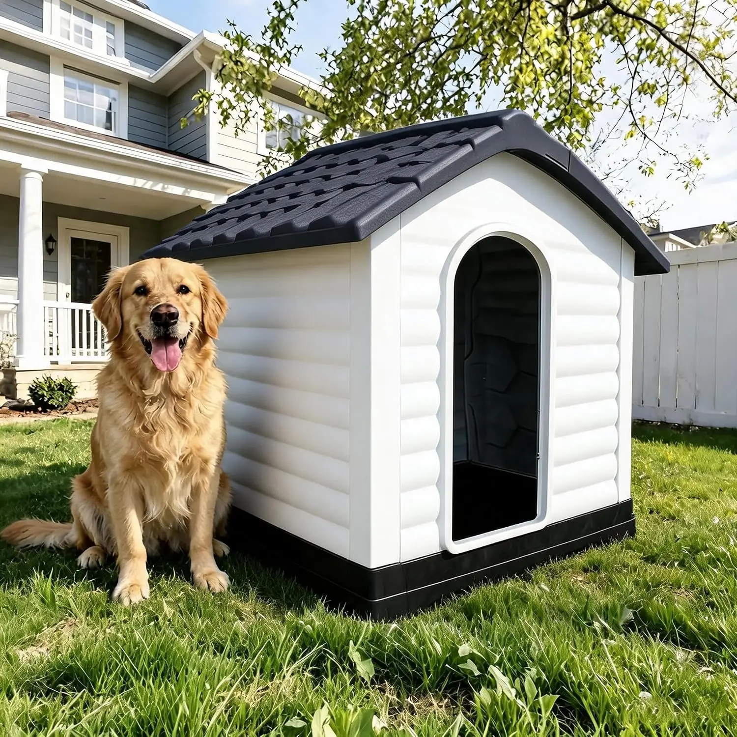 Outdoor Dog House 2 Doors Fold-Out Porch Waterproof Elevated Plastic Kennel Large Dogs Raised Floor Easy-Clean , Customized