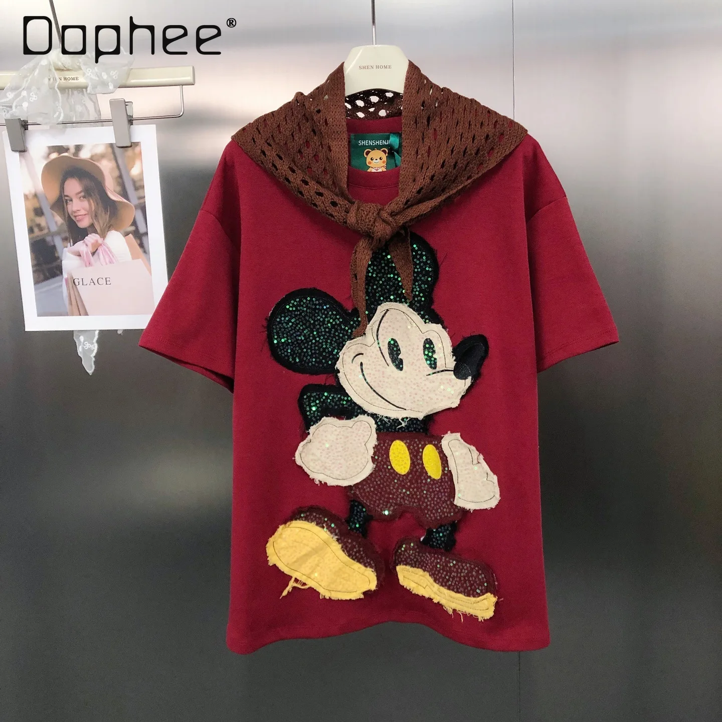 

Женская футболка с коротким рукавом и объемной вышивкой, пайетками и мультяшными аппликациями, летняя новинка 2026, свободный крой, круглый вырез, винтажный стиль