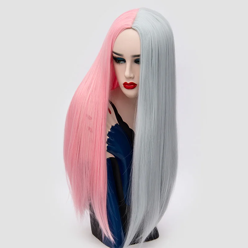 MSIWIGS Pink Grey Ombre Long Straight Cosplay Wig for Halloween Mid-Part Synthetic Hair Double Tone Color Design