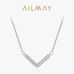 Ailmay Genuine 925 Sterling Silver Exquisite Geometric Shape Pendant Necklace Clear CZ For Women Girls Party Accessories Jewelry