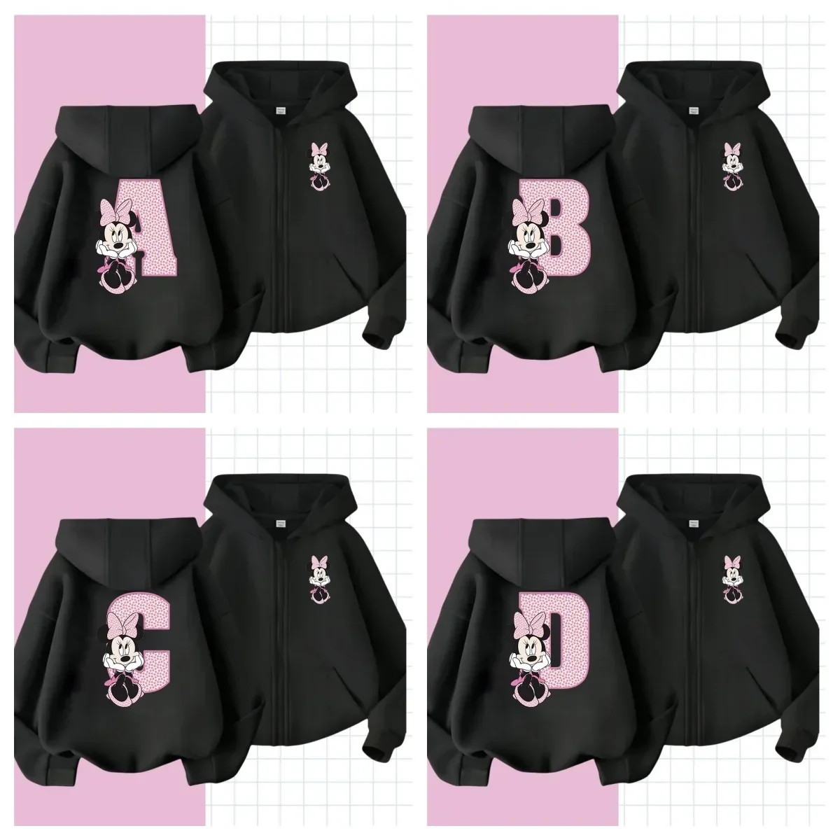 

Children Minnie zipper Hoodies Disney Letter Abcd Sweatshirts Kawaii Pullover Anime Cartoons Girls Boy Kids Casual Clothes Tops