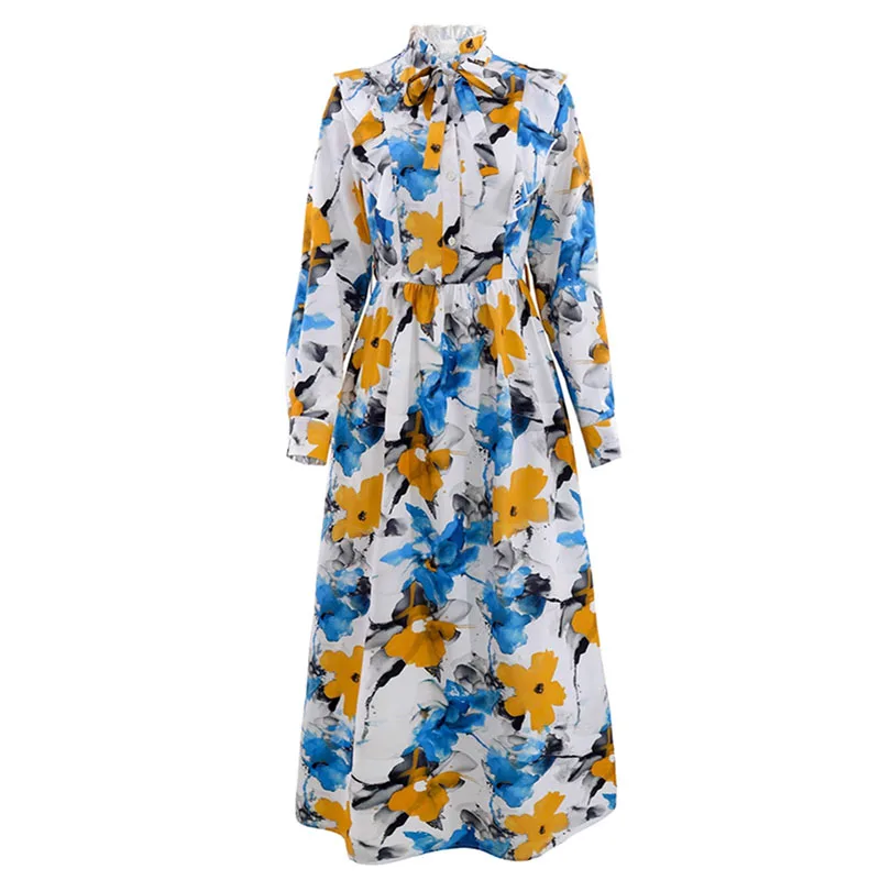 Femmes mode taille plissée robe de soirée motif élégant imprimé nœud à lacets robe longue 2025 Sexy col en v à manches longues robe de vacances