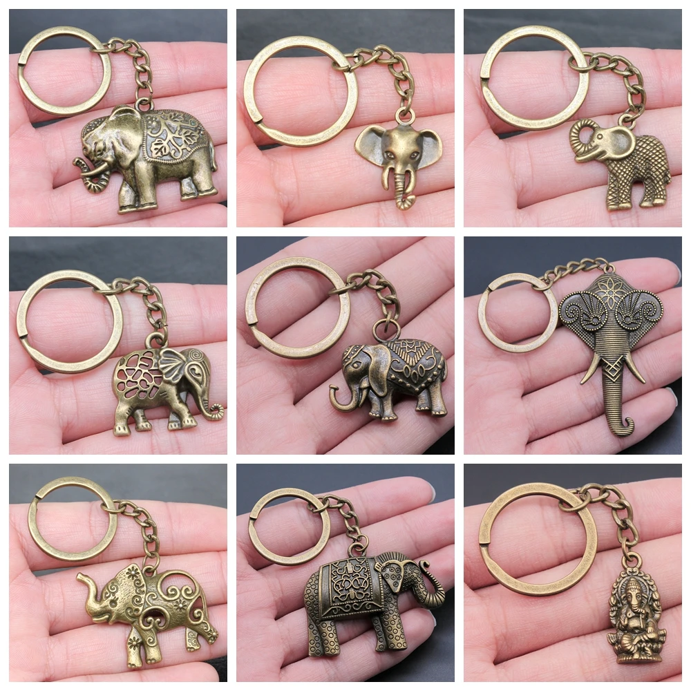 New Fashion Men Car Keychain Key Ring DIY Metal Holder Chain Vintage Elephant Ancient Bronze Silver Color Pendant Gift