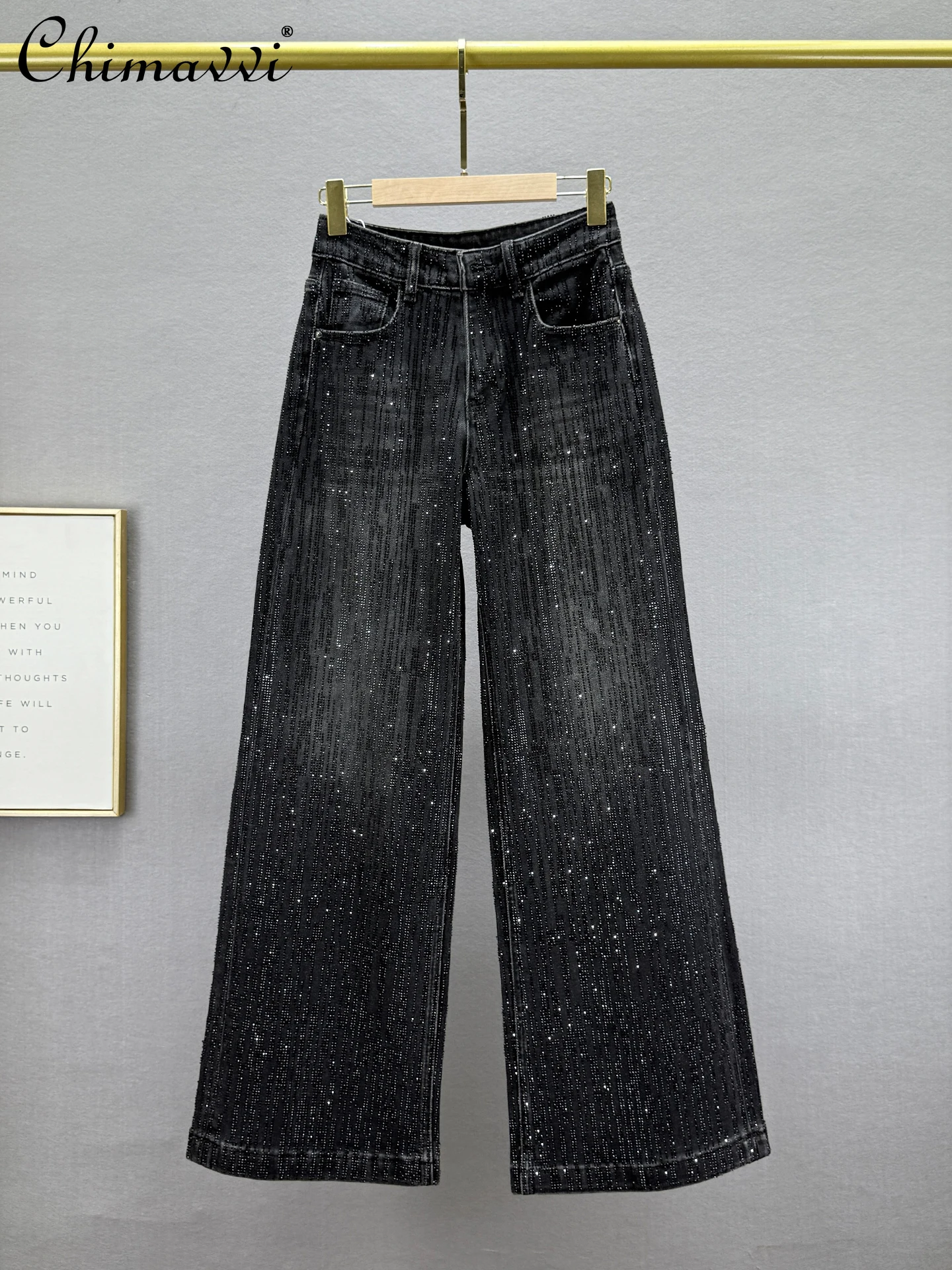 헤비 풀 라인스톤 청바지 여성 와이드 팬츠 2025 가을 신상 하이웨이스트 루즈 슬림 유럽 스타일 롱 팬츠