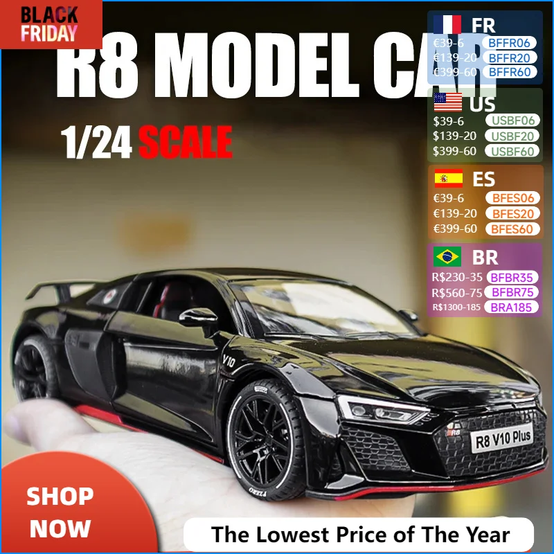 1:24 Audi R8 V10 Plus Sports Car Alloy Model Car Metal Toy Car Diecast Simulation Sound & Light Collection Toys For Boys Gifts