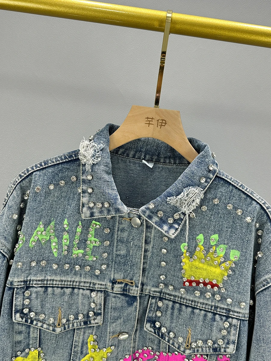 Spring Autumn Rainbow Color Doodle Beaded Denim Coat Gemstones Rivets Jeans Jacket Crystal Cowboy Streetwear Cardigan Tops