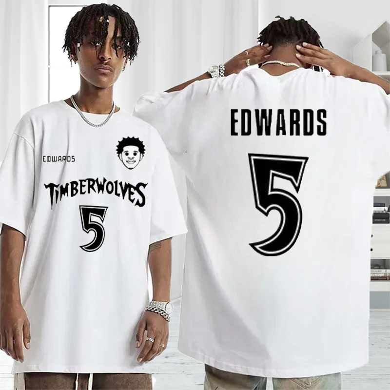 Basketball Star Timberwolves NO.5 Edwards Training T-shirt Fashion Men's Cotton T-shirts Oversize High Quality Short Sleeve Tees