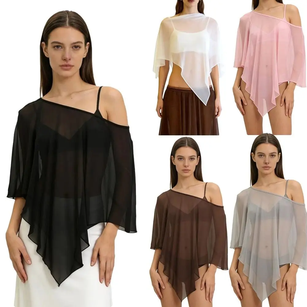 

Asymmetrical Design Womens T-shirt Irregular Hem Solid Color Chiffon Capelet Breathable Skew Collar Sheer Poncho Top