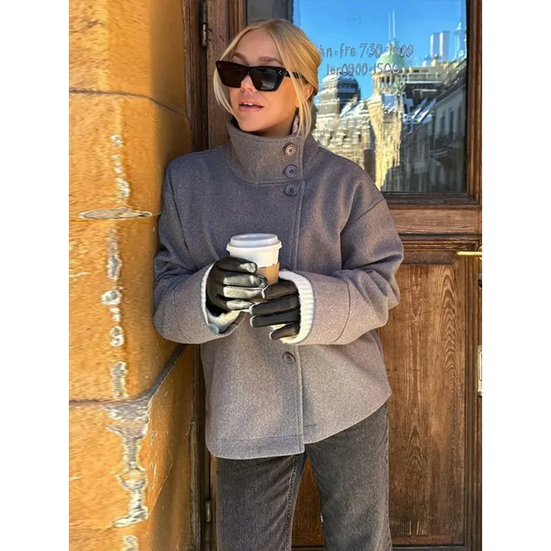 

Casual Women's Stand Collar Woolen Coats Long Sleeve Loose Female Short Coat 2025 Autumn Winter Lady Street Jacket Outwear