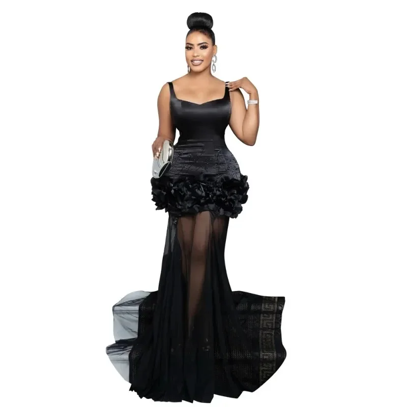 

Diamonds 3D Flower Mesh See Through Women Sleeveless Bodycon Long Dress Birthday Party Evening Prom Maxi Mermaid Dresses