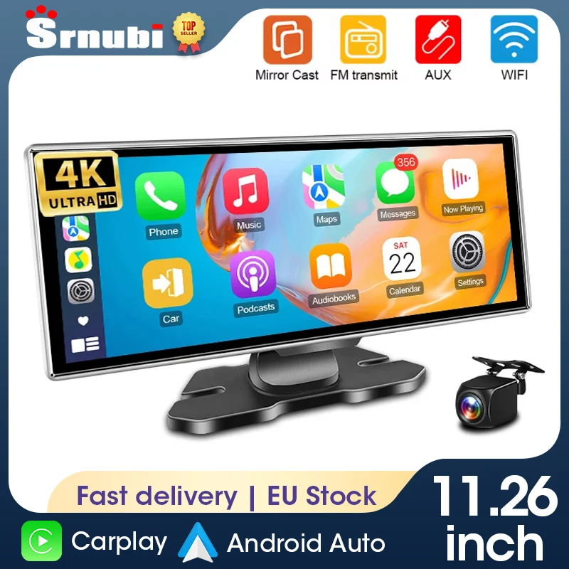 Srnubi 11,26 ''cámara de salpicadero 4K coche DVR inalámbrico Carplay y Android Auto GPS navegación grabadora de vídeo tablero doble lente Wifi FM AUX
