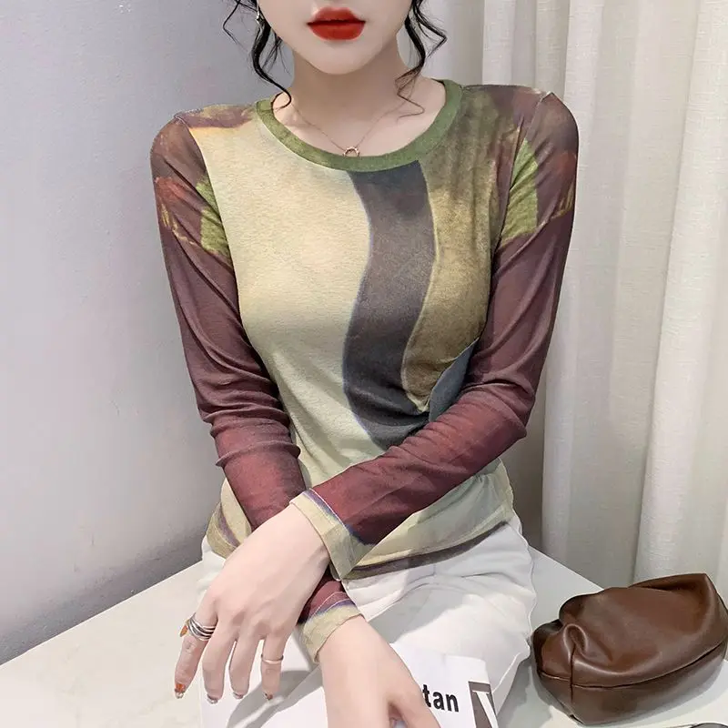 Women's Spring Autumn New Fashion Round Neck Pullover Long Sleeved Printed Bottom Casual Versatile Western Style Commuter Tops