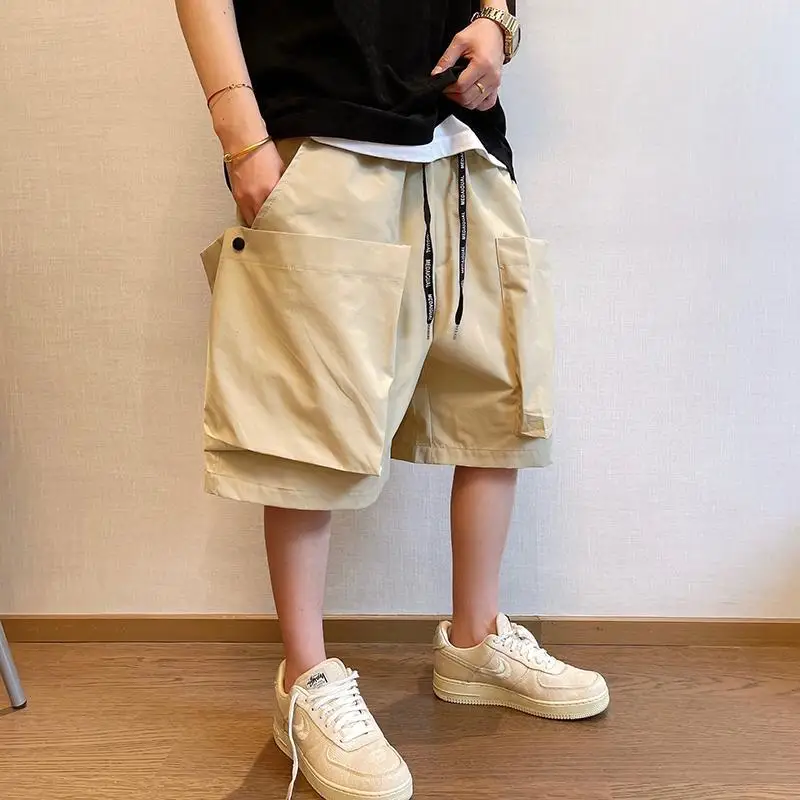 

Cargo Trousers 2024 Summer New Men's Solid Color Elastic Drawstring Patchwork Pockets Casual Young Style Loose All-match Shorts