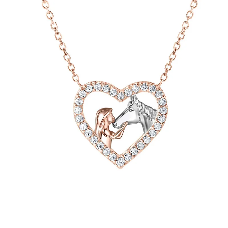 Fashion Women and Horse Necklace Heart Zircon Pendant Engagement Necklaces for Women Animal Jewelry Birthday Anniversary Gift