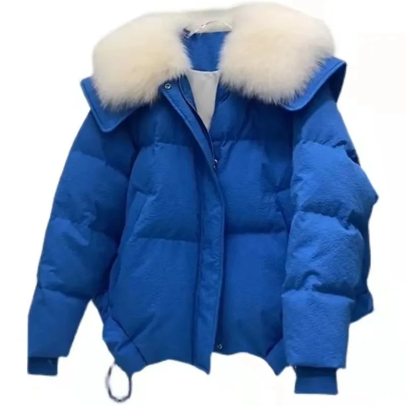 Jaket Katun Kerah Biru Dongker Imitasi Bulu Rubah Klein Blue Wanita Musim Dingin 2025 Desain Tebal Baru Mantel Pendek Wanita Hangat Pike